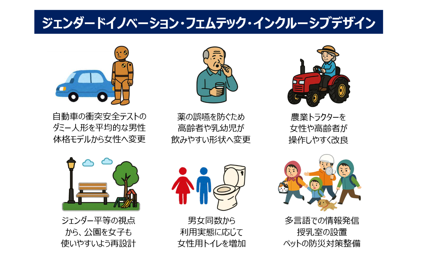 自動車の衝突安全テストのダミー人形を平均的な男性体格モデルから女性へ変更 * ジェンダー平等の視点から、公園を女子も使いやすいよう再設計 * 誤飲を防ぐため高齢者や乳幼児が飲みやすい形状へ変更 * トラクターを女性や高齢者が操作しやすく改良 * 男女同数から利用実態に応じて女性用トイレを増加 * 多言語での情報発信、授乳室の設置、ペットの防災対策整備
